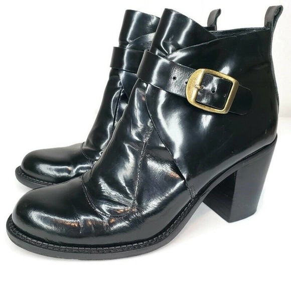Arrichi Anthropologie Booties Black Patent Leather Heel Boots Womens Size 7 B - Picture 1 of 15